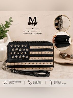 NWOT Montana West American Flag Black & Beige Zip-Around Wristlet Wallet